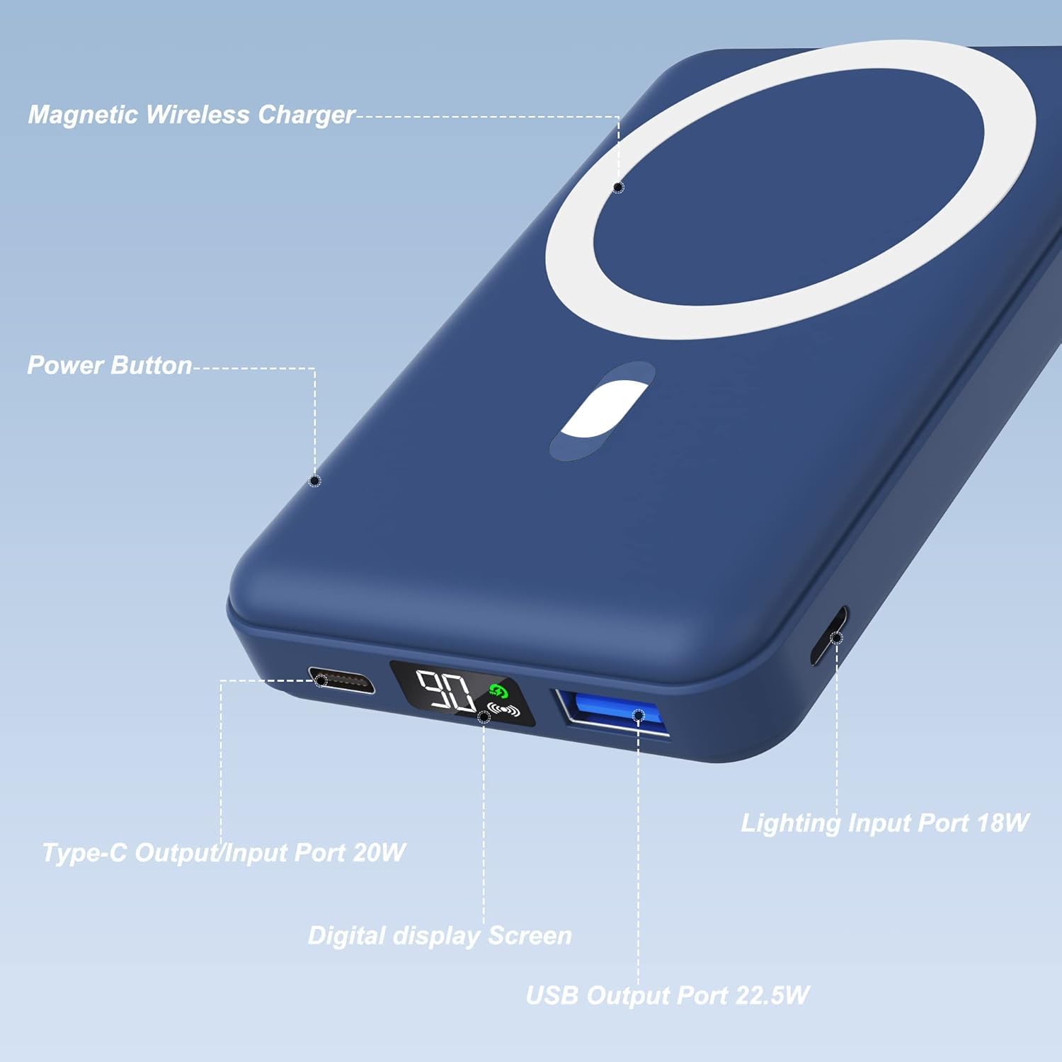 AOGUERBE Magnetic Power Bank, 10000mAh Foldable Wireless Portable Charger with USB-C Cable LED Display, for Mag-Safe Battery Pack 22.5W PD Fast Charging for iPhone 16/15/14/13/12 Pro/Pro Max/Plus/Mini - Image 2